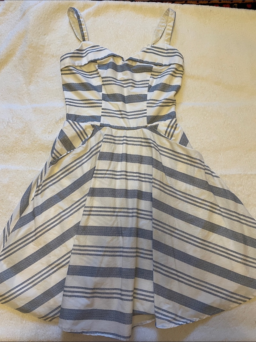 Striped White and  blue Fit-and-Flare Dress